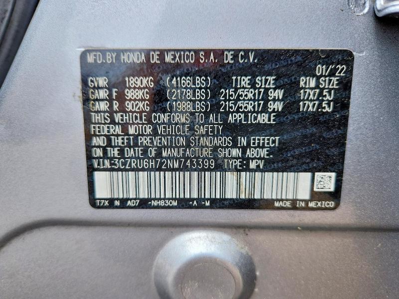 59013086 :رقم المزاد ، 3CZRU6H72NM743399 vin ، 2022 Honda Hr-v مزاد بيع