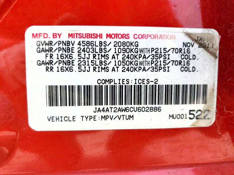 58096866 :رقم المزاد ، JA4AT2AW6CU602886 vin ، 2012 Mitsubishi Outlander مزاد بيع