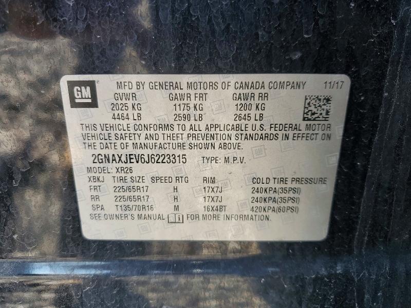 55896256 :رقم المزاد ، 2GNAXJEV6J6223315 vin ، 2018 Chevrolet Equinox مزاد بيع