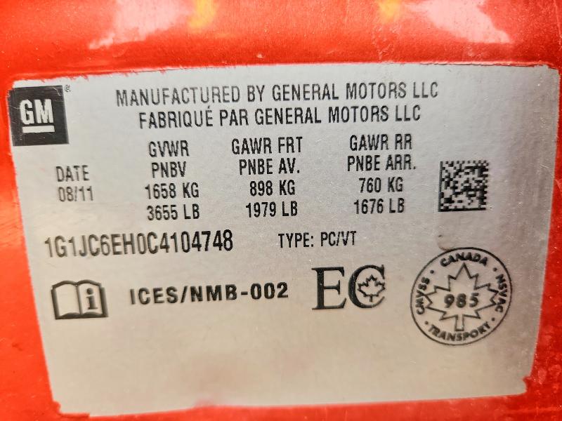 2012 Chevrolet Sonic მანქანა იყიდება აუქციონზე, vin: 1G1JC6EH0C4104748, აუქციონის ნომერი: 56457626