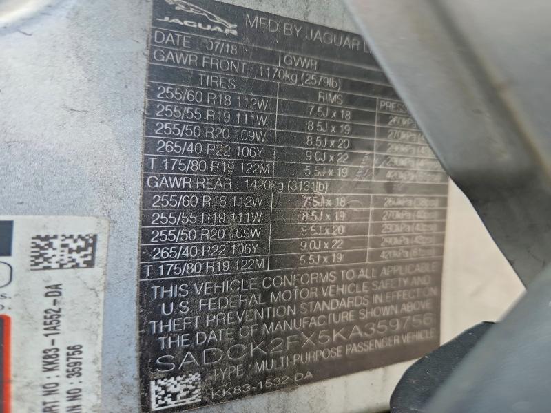 Продаж на аукціоні авто 2019 Jaguar F-pace, vin: SADCK2FX5KA359756, номер лоту: 57633336