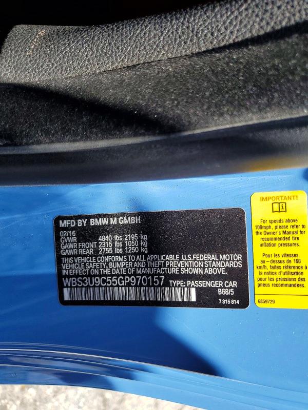 Aukcja sprzedaży 2016 Bmw M4, vin: WBS3U9C55GP970157, numer aukcji: 58311536