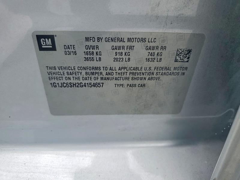 2016 Chevrolet Sonic მანქანა იყიდება აუქციონზე, vin: 1G1JC6SH2G4154657, აუქციონის ნომერი: 54664716