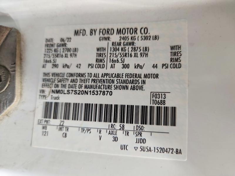 2022 Ford Transit Connect მანქანა იყიდება აუქციონზე, vin: NM0LS7S20N1537870, აუქციონის ნომერი: 59230496