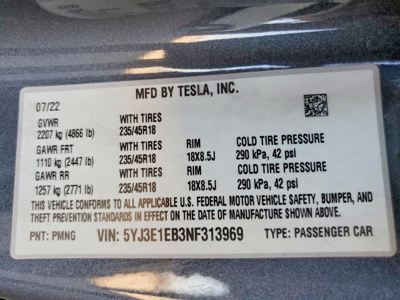 Продажа на аукционе авто 2022 Tesla Model 3, vin: 5YJ3E1EB3NF313969, номер лота: 55777756