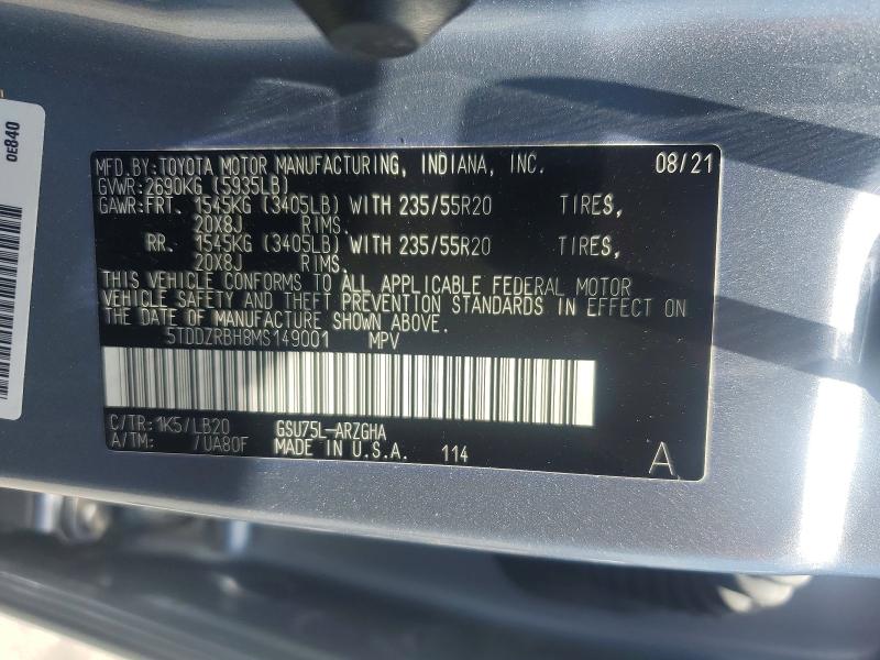 2021 Toyota Highlander მანქანა იყიდება აუქციონზე, vin: 5TDDZRBH8MS149001, აუქციონის ნომერი: 58106116