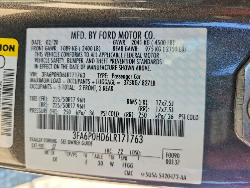 2020 Ford Fusion მანქანა იყიდება აუქციონზე, vin: 3FA6P0HD6LR171763, აუქციონის ნომერი: 58630596