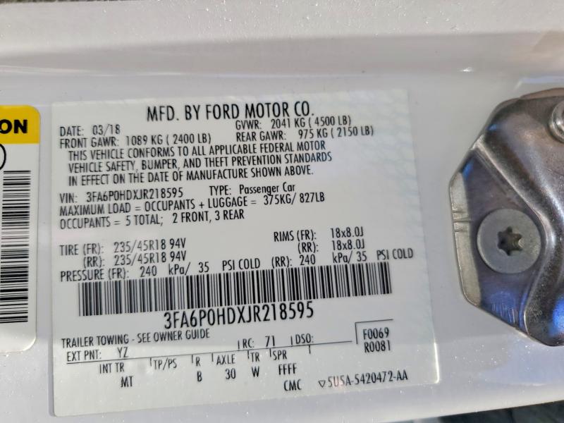 Продаж на аукціоні авто 2018 Ford Fusion, vin: 3FA6P0HDXJR218595, номер лоту: 56860416