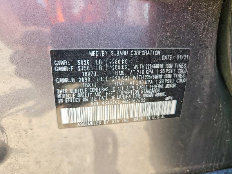 2021 Subaru Outback მანქანა იყიდება აუქციონზე, vin: 4S4BTGLD6M3167602, აუქციონის ნომერი: 56604716