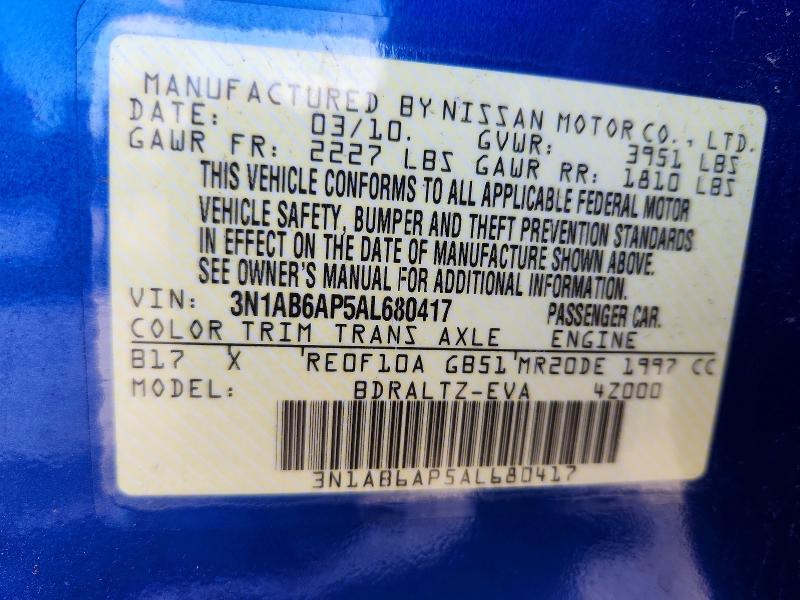 2010 Nissan Sentra მანქანა იყიდება აუქციონზე, vin: 3N1AB6AP5AL680417, აუქციონის ნომერი: 56112086