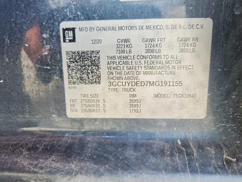 Продаж на аукціоні авто 2021 Chevrolet Silverado, vin: 3GCUYDED7MG191155, номер лоту: 55168296