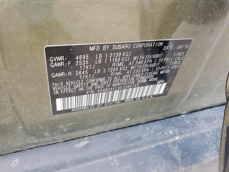 2019 Subaru Outback მანქანა იყიდება აუქციონზე, vin: 4S4BSAFC4K3380743, აუქციონის ნომერი: 57488406