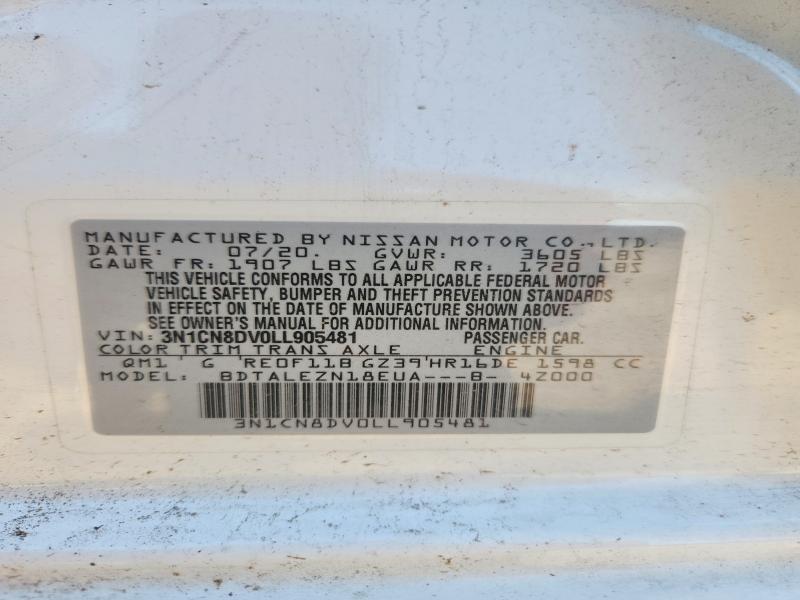 2020 Nissan Versa მანქანა იყიდება აუქციონზე, vin: 3N1CN8DV0LL905481, აუქციონის ნომერი: 57032326