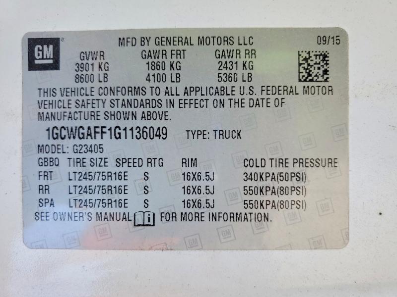 2016 Chevrolet Express G2500 მანქანა იყიდება აუქციონზე, vin: 1GCWGAFF1G1136049, აუქციონის ნომერი: 58965846