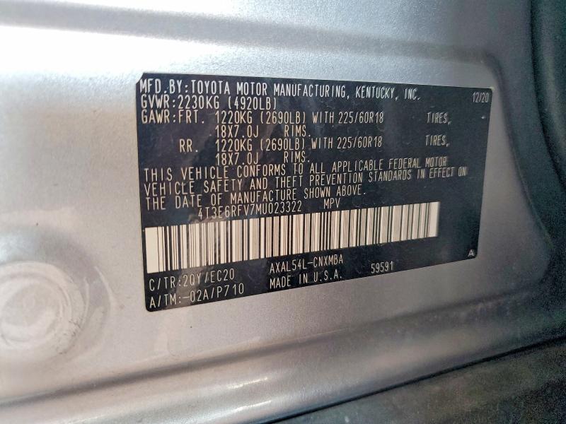 2021 Toyota Rav4 მანქანა იყიდება აუქციონზე, vin: 4T3E6RFV7MU023322, აუქციონის ნომერი: 58467546