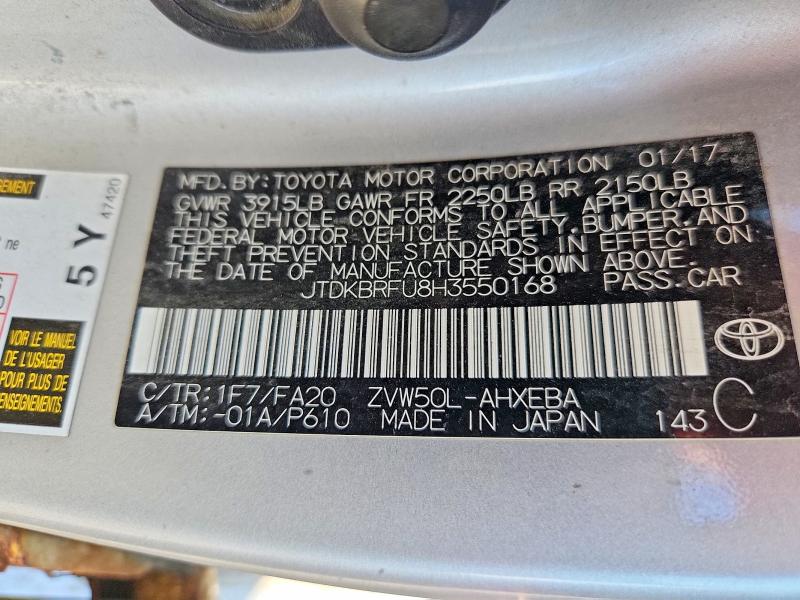 Продаж на аукціоні авто 2017 Toyota Prius, vin: JTDKBRFU8H3550168, номер лоту: 58700036