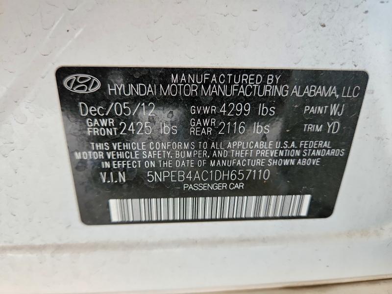 2013 Hyundai Sonata მანქანა იყიდება აუქციონზე, vin: 5NPEB4AC1DH657110, აუქციონის ნომერი: 55922486
