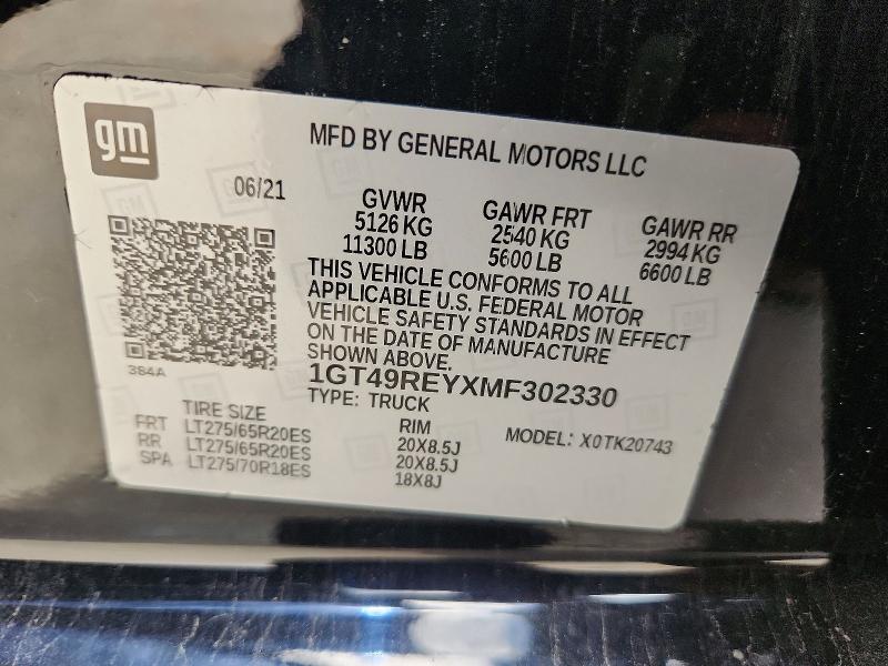 2021 Gmc Sierra მანქანა იყიდება აუქციონზე, vin: 1GT49REYXMF302330, აუქციონის ნომერი: 57029916