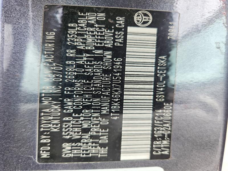 2007 Toyota Camry მანქანა იყიდება აუქციონზე, vin: 4T1BK46KX7U541946, აუქციონის ნომერი: 59291056