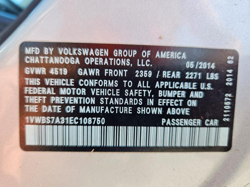 59200636 :رقم المزاد ، 1VWBS7A31EC108750 vin ، 2014 Volkswagen Passat مزاد بيع