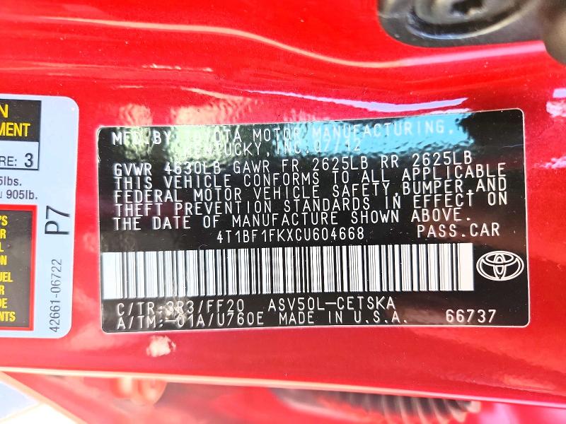 55505356 :رقم المزاد ، 4T1BF1FKXCU604668 vin ، 2012 Toyota Camry مزاد بيع