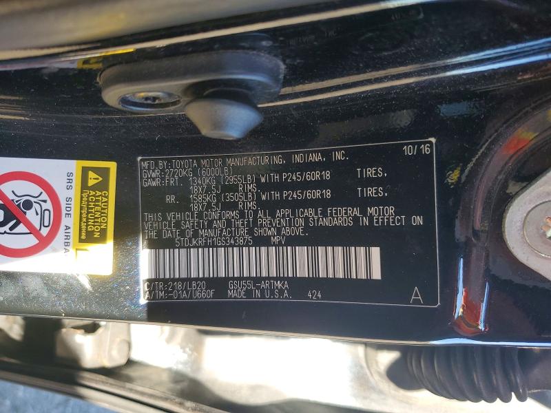 Aukcja sprzedaży 2016 Toyota Highlander, vin: 5TDJKRFH1GS343875, numer aukcji: 56638866