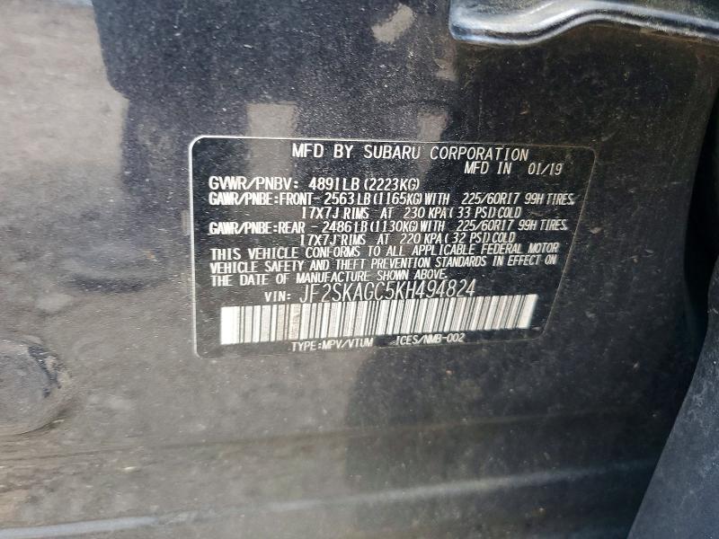 2019 Subaru Forester მანქანა იყიდება აუქციონზე, vin: JF2SKAGC5KH494824, აუქციონის ნომერი: 57297416
