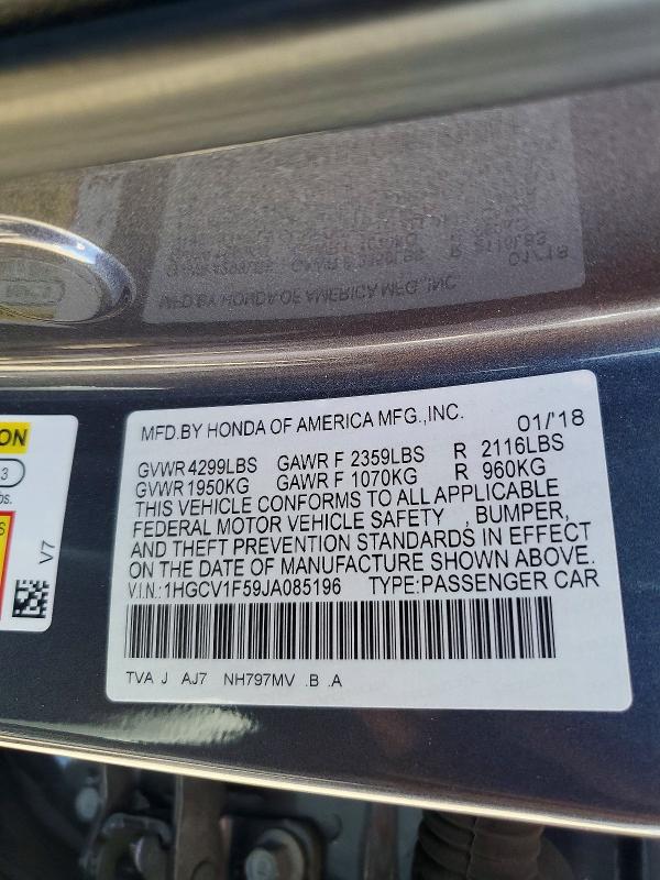 56665936 :رقم المزاد ، 1HGCV1F59JA085196 vin ، 2018 Honda Accord مزاد بيع
