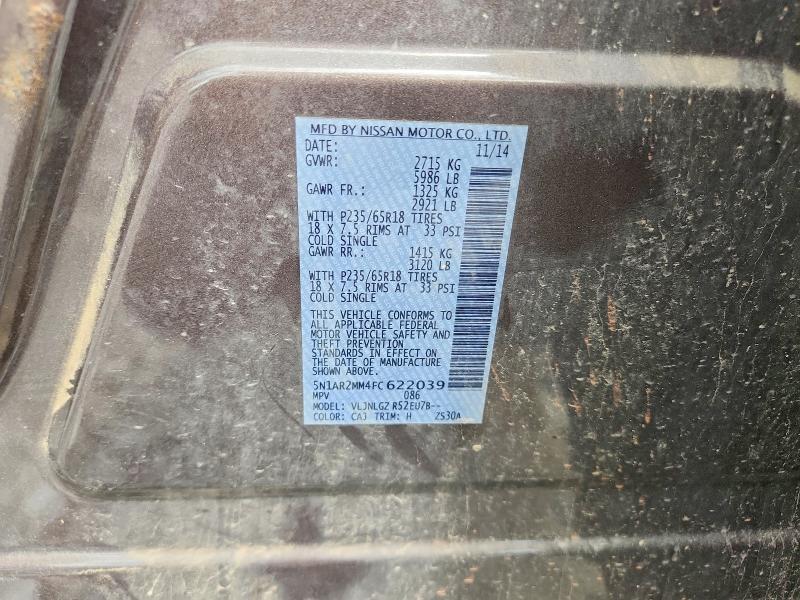 2015 Nissan Pathfinder მანქანა იყიდება აუქციონზე, vin: 5N1AR2MM4FC622039, აუქციონის ნომერი: 57396336