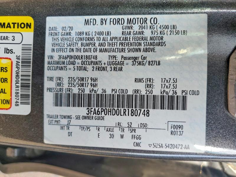 Продажа на аукционе авто 2020 Ford Fusion, vin: 3FA6P0HD0LR180748, номер лота: 58553186