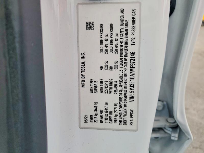 56578196 :رقم المزاد ، 5YJ3E1EA7MF973146 vin ، 2021 Tesla Model 3 مزاد بيع