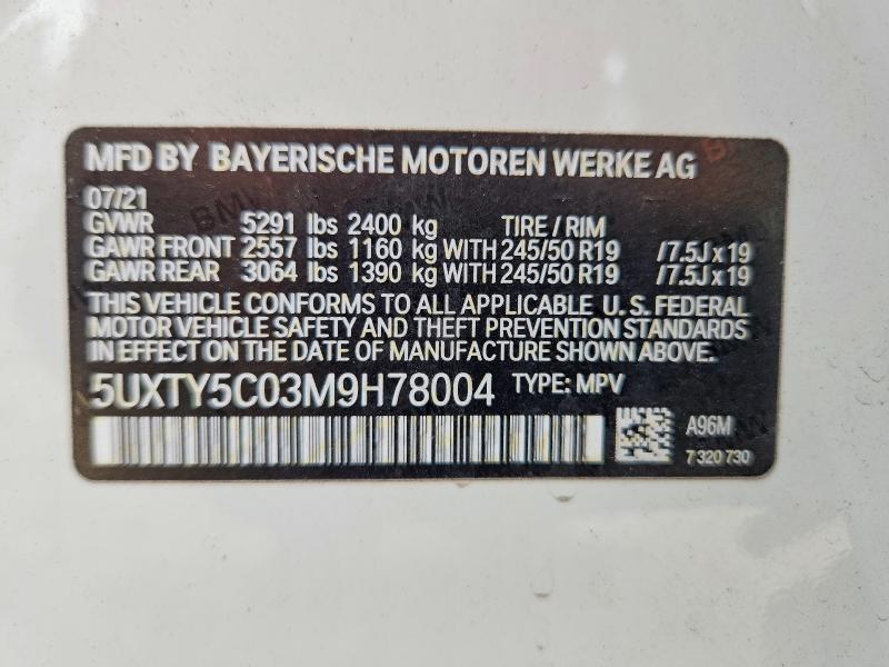 2021 Bmw X3 მანქანა იყიდება აუქციონზე, vin: 5UXTY5C03M9H78004, აუქციონის ნომერი: 56325646