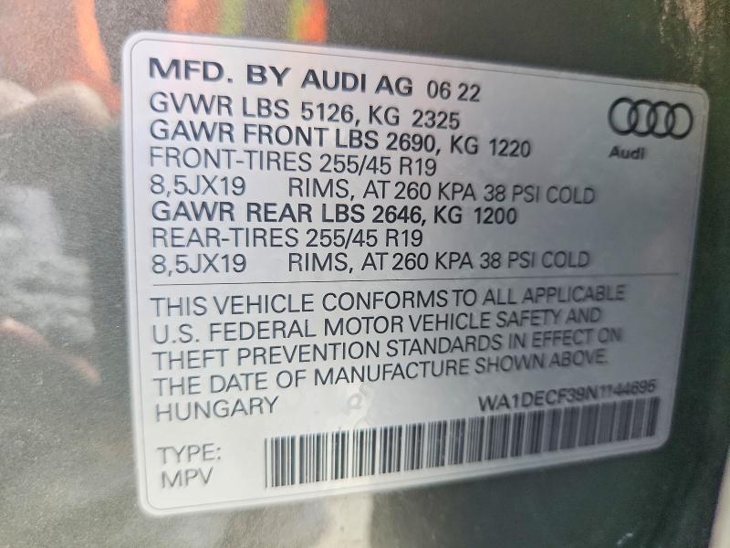 Aukcja sprzedaży 2022 Audi Q3, vin: WA1DECF39N1144695, numer aukcji: 55743576
