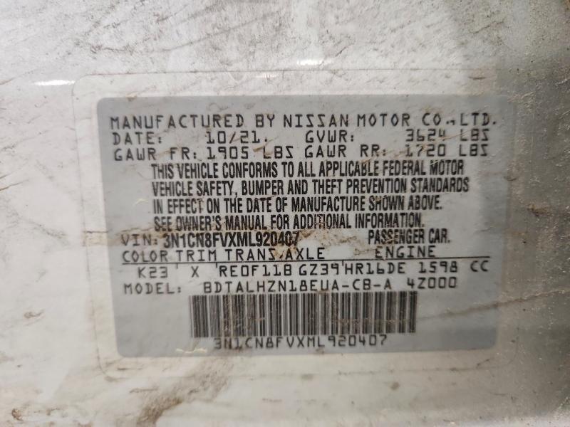 2021 Nissan Versa მანქანა იყიდება აუქციონზე, vin: 3N1CN8FVXML920407, აუქციონის ნომერი: 56250406