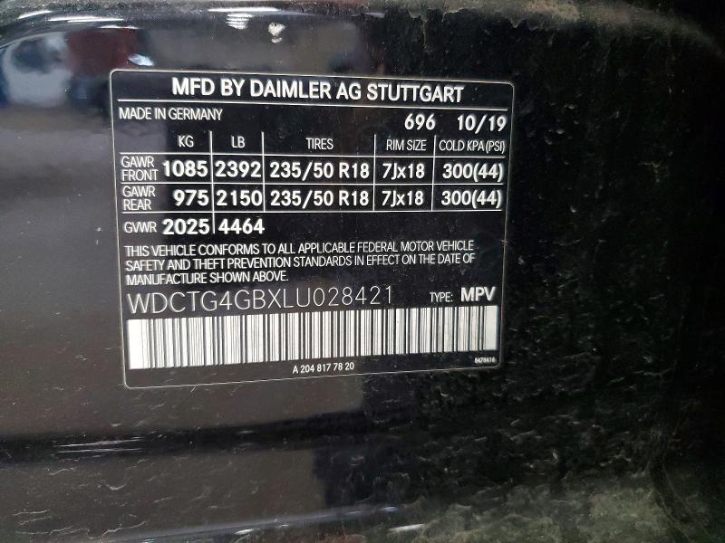57910566 :رقم المزاد ، WDCTG4GBXLU028421 vin ، 2020 Mercedes-benz Gla مزاد بيع