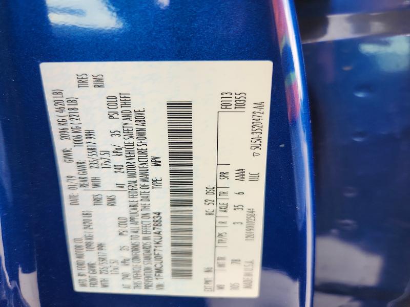 2019 Ford Escape მანქანა იყიდება აუქციონზე, vin: 1FMCU0F71KUA78834, აუქციონის ნომერი: 57271586