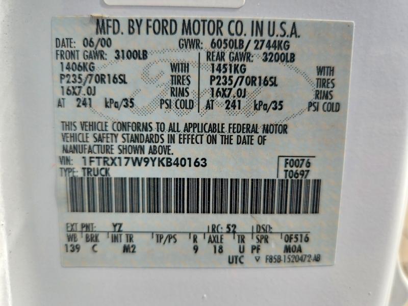 Aukcja sprzedaży 2000 Ford F150, vin: 1FTRX17W9YKB40163, numer aukcji: 57623016