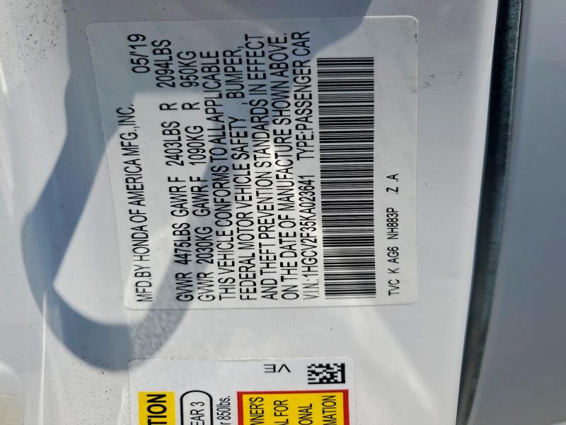Продажа на аукционе авто 2019 Honda Accord, vin: 1HGCV2F35KA023641, номер лота: 58931056