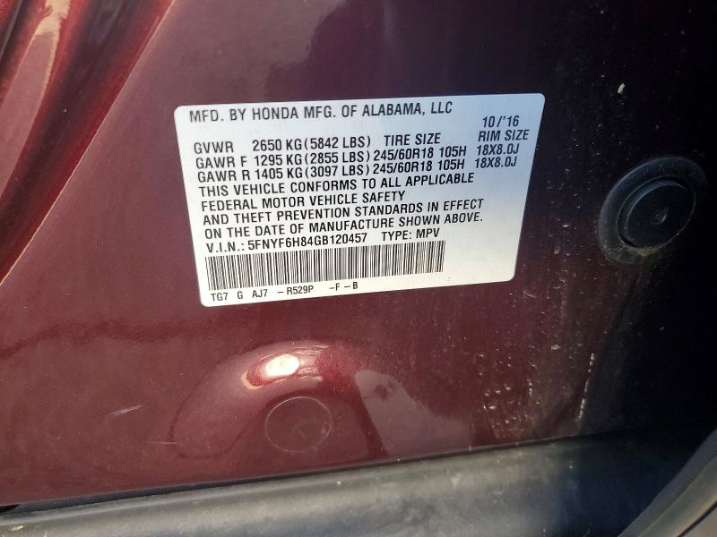 55773906 :رقم المزاد ، 5FNYF6H84GB120457 vin ، 2016 Honda Pilot مزاد بيع