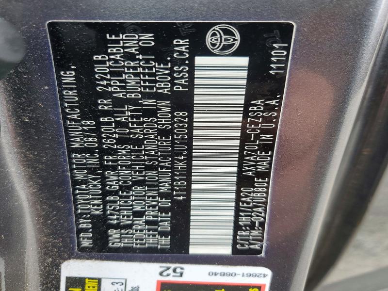56698746 :رقم المزاد ، 4T1B11HK4JU150328 vin ، 2018 Toyota Camry مزاد بيع
