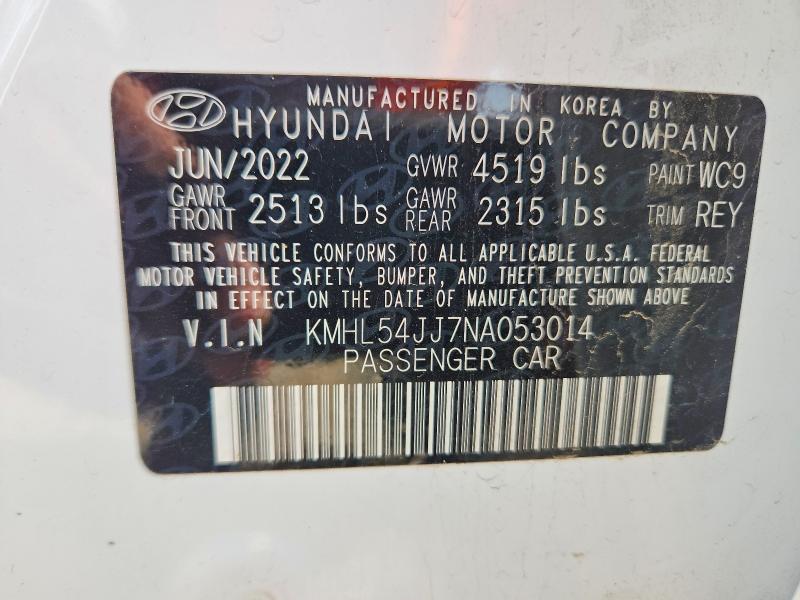 2022 Hyundai Sonata Hybrid მანქანა იყიდება აუქციონზე, vin: KMHL54JJ7NA053014, აუქციონის ნომერი: 56690486