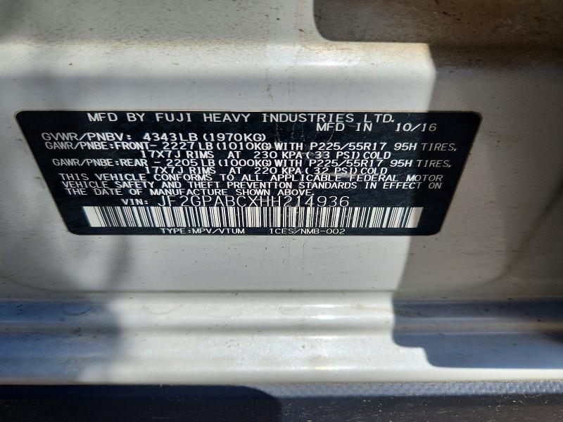 Aukcja sprzedaży 2017 Subaru Crosstrek, vin: JF2GPABCXHH214936, numer aukcji: 58054046
