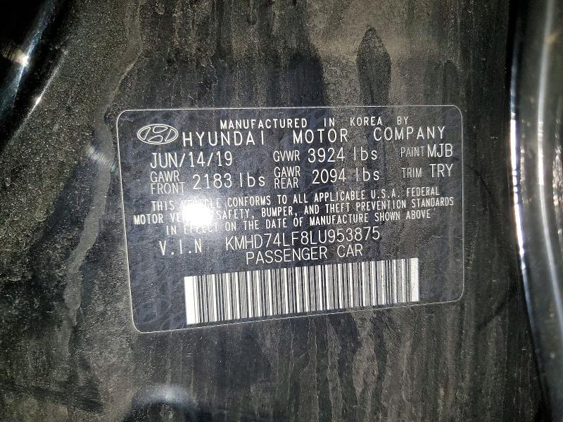 2020 Hyundai Elantra მანქანა იყიდება აუქციონზე, vin: KMHD74LF8LU953875, აუქციონის ნომერი: 56054326