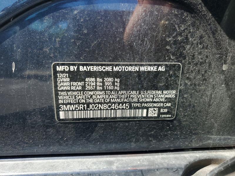 Aukcja sprzedaży 2022 Bmw 330i, vin: 3MW5R1J02N8C46445, numer aukcji: 58146756