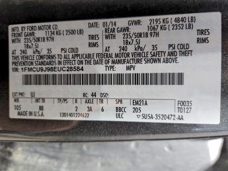 Продажа на аукционе авто 2014 Ford Escape, vin: 1FMCU9J98EUC28584, номер лота: 54789116