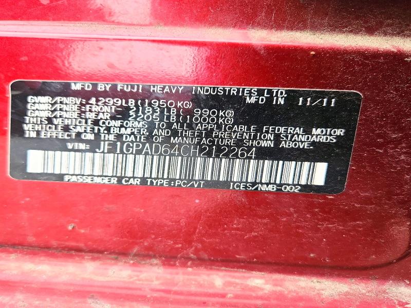 58629846 :رقم المزاد ، JF1GPAD64CH212264 vin ، 2012 Subaru Impreza مزاد بيع