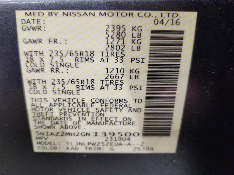 2016 Nissan Murano მანქანა იყიდება აუქციონზე, vin: 5N1AZ2MH2GN139500, აუქციონის ნომერი: 56933826