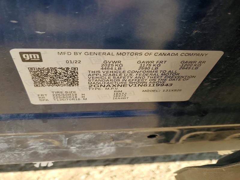 56321096 :رقم المزاد ، 2GNAXNEV1N6119943 vin ، 2022 Chevrolet Equinox مزاد بيع