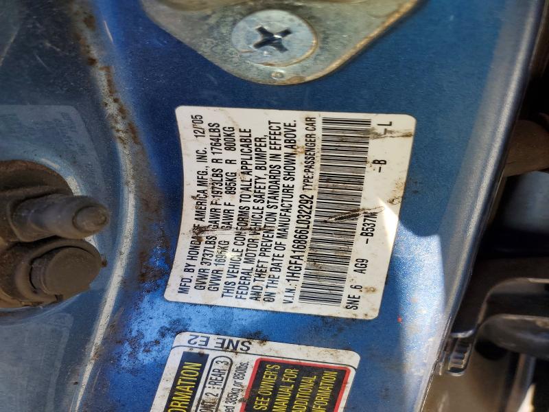 53828246 :رقم المزاد ، 1HGFA16866L032292 vin ، 2006 Honda Civic مزاد بيع