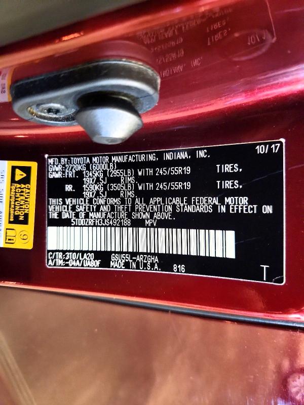 54600126 :رقم المزاد ، 5TDDZRFH3JS492188 vin ، 2018 Toyota Highlander مزاد بيع